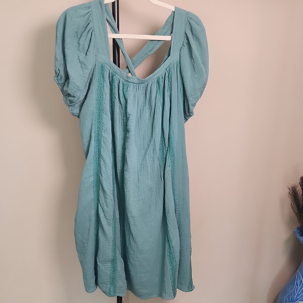 DAVI & DANI Teal Puff Sleeve Summer Dress